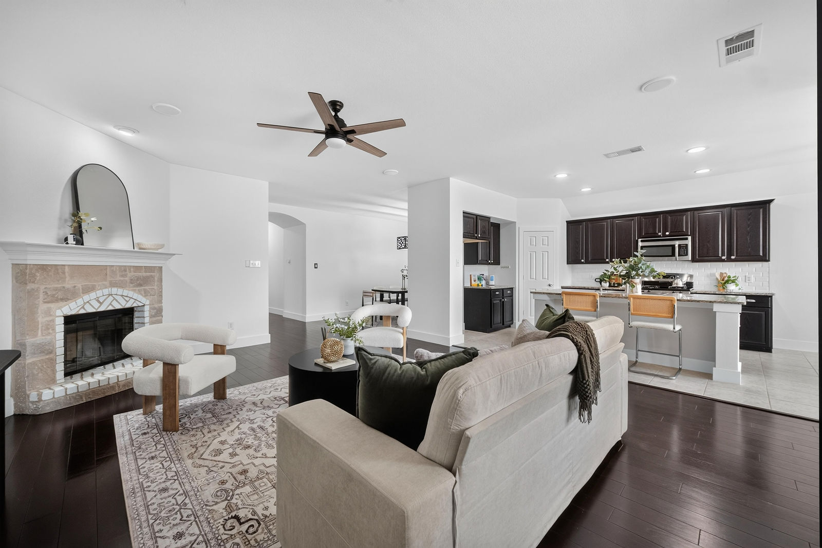 Open concept living to kitchen